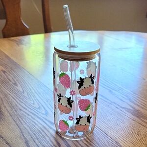 NWOT Handmade Cute Cow and Strawberry Glass Tumbler with Glass Straw